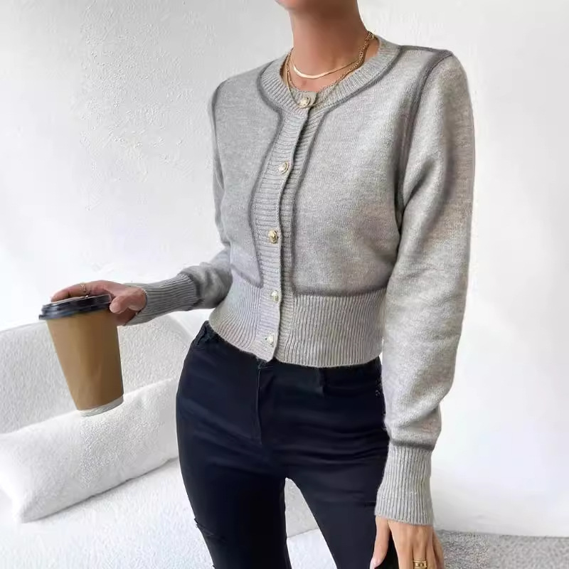 Women's sweater fashion round collar long sleeve high waist short single -dipper knitted jacket girl