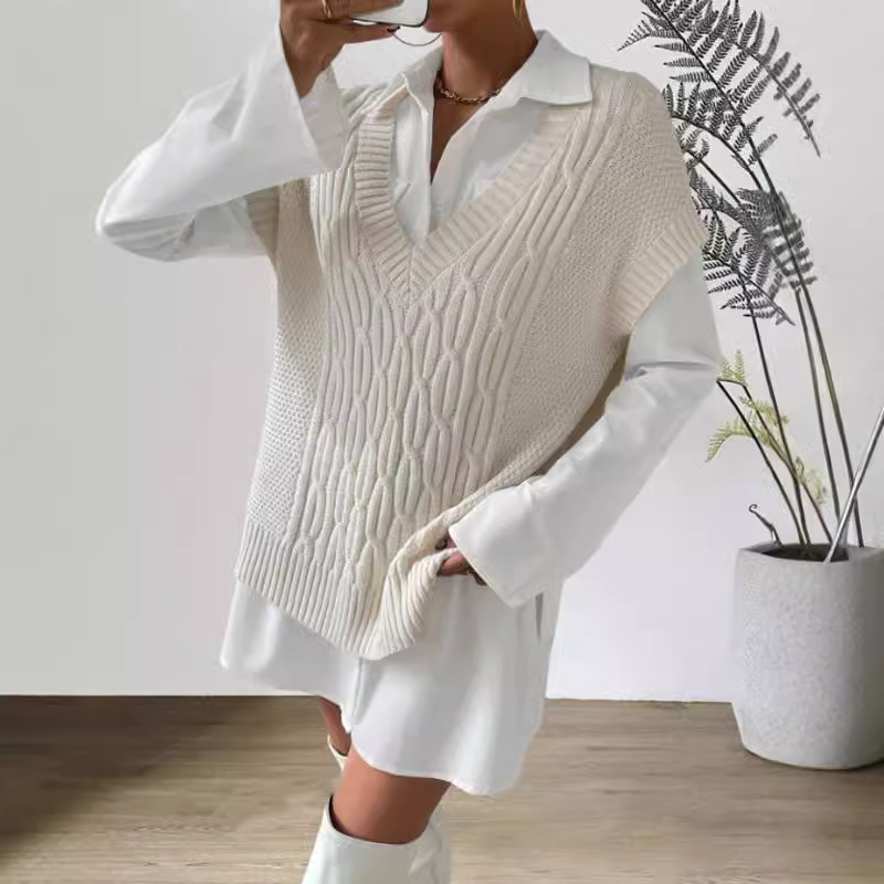 Female -collar sweater, split solid color twist thread sleeveless vest female