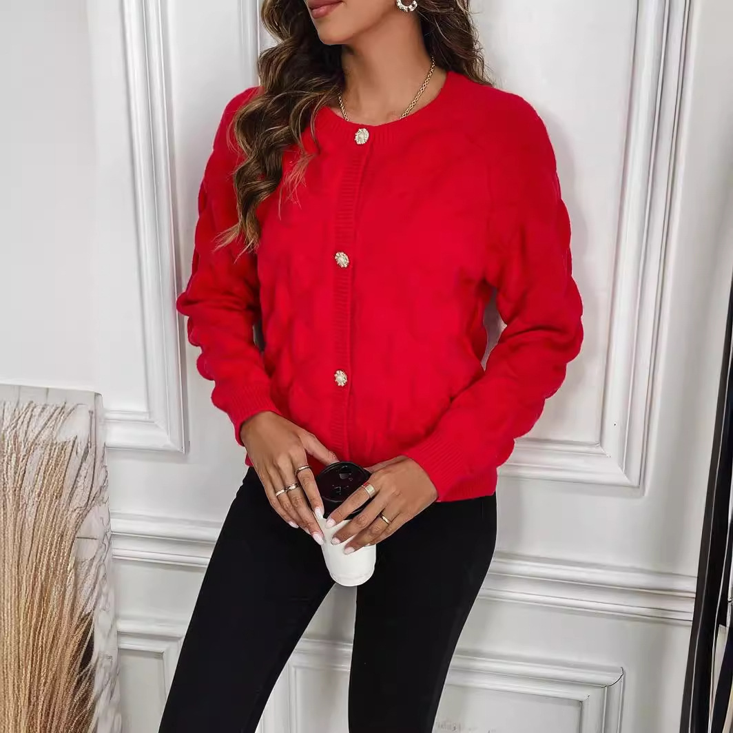 Knitwear fashion round neck long -sleeved sweater pure color single -breasted outer jacket female