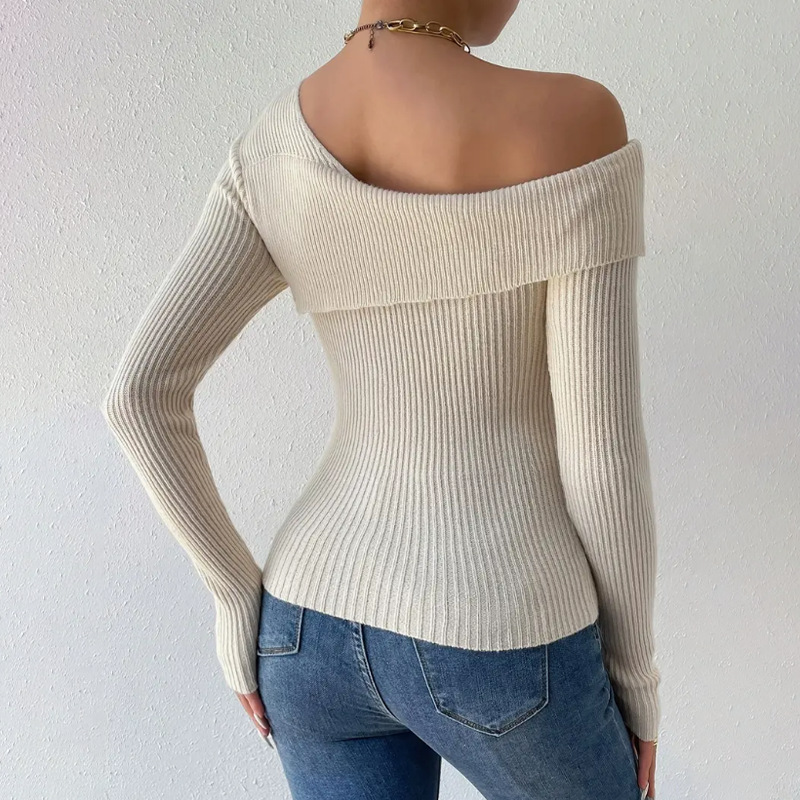 Fashion sexy shoulder sweater, women's sweater solid color slim -fit long -sleeved bottoming shirt